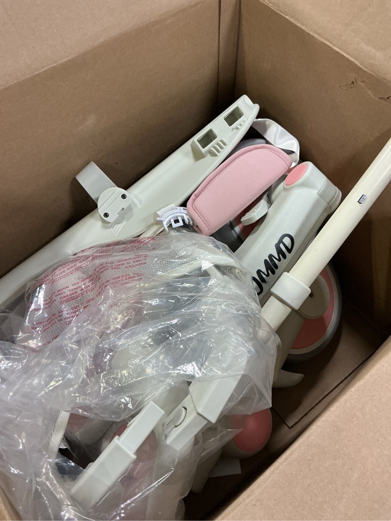 Condition photo showing As Is for JMMD Baby Tricycle, 7-in-1 Foldable Kids Trike with Adjustable Parent Handle, Safety Harness & Wheel Brakes, Removable Canopy, Stroll Trike for Boys & Girls Ages 18 Months-5 Years, Pink