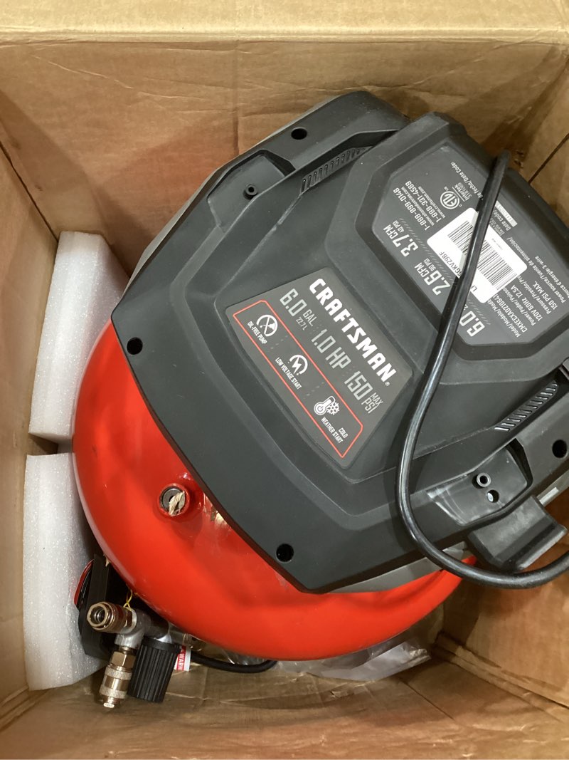 Condition photo showing As Is for craftsman air compressors 6 gallon portable pancake air compressor,oil free max 150 psi 1.0hp 2.6 cfm@90psi electric air compressor shop air compressor, cmxecxa02106410