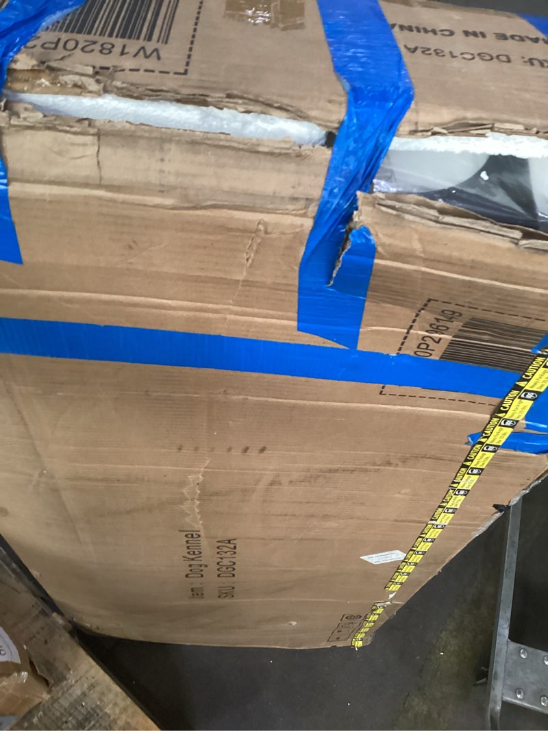 Condition photo showing As Is for Large Outdoor Dog Kennel, Metal Pet Enclosure with Roof Cover, Double-Door Lock, 2 Adjustable Feeders for Dogs, Chickens, Rabbits, Ducks 