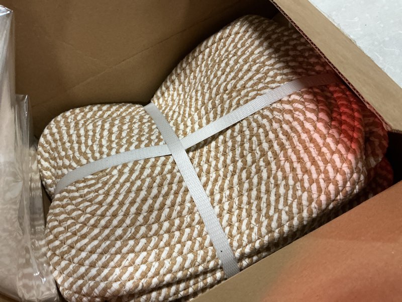Condition photo showing Good Condition for 5 pack decorative small storage baskets for shelves, cotton rope woven basket for organizing bathroom, nursery, closet, cabinet, toys & socks, gift baskets empty, 11.8"x7.9"x4.7", khaki