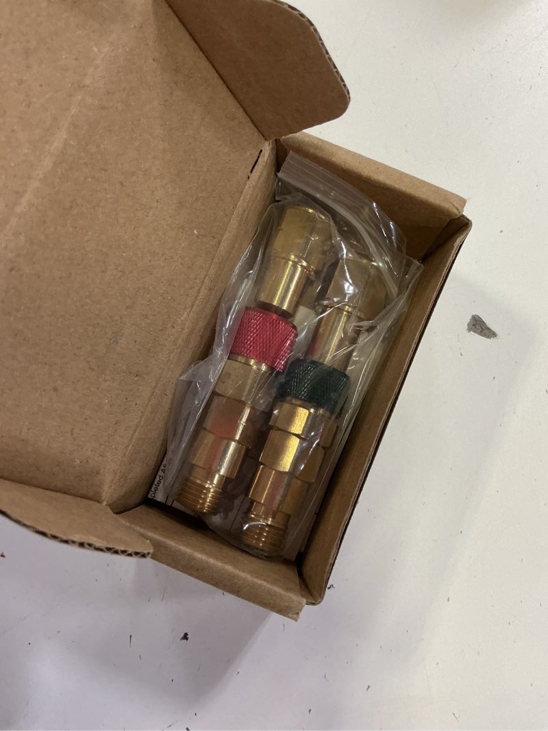 Condition photo showing Good Condition for upgraded qdb10 torch to hose quick connect set, with check valves. brass construction color coded for safety (oxy/green, fuel/red).
