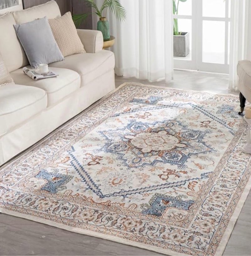(Similar))Syalife Washable Area Rug, Ultra Soft Non-Slip, Low Pile, Stain Resistant Vintage Area Rug for Living Room, Boho Carpet for Bedroom, Dining Room, Office, Foldable Home Decor Rug, Beige/White.