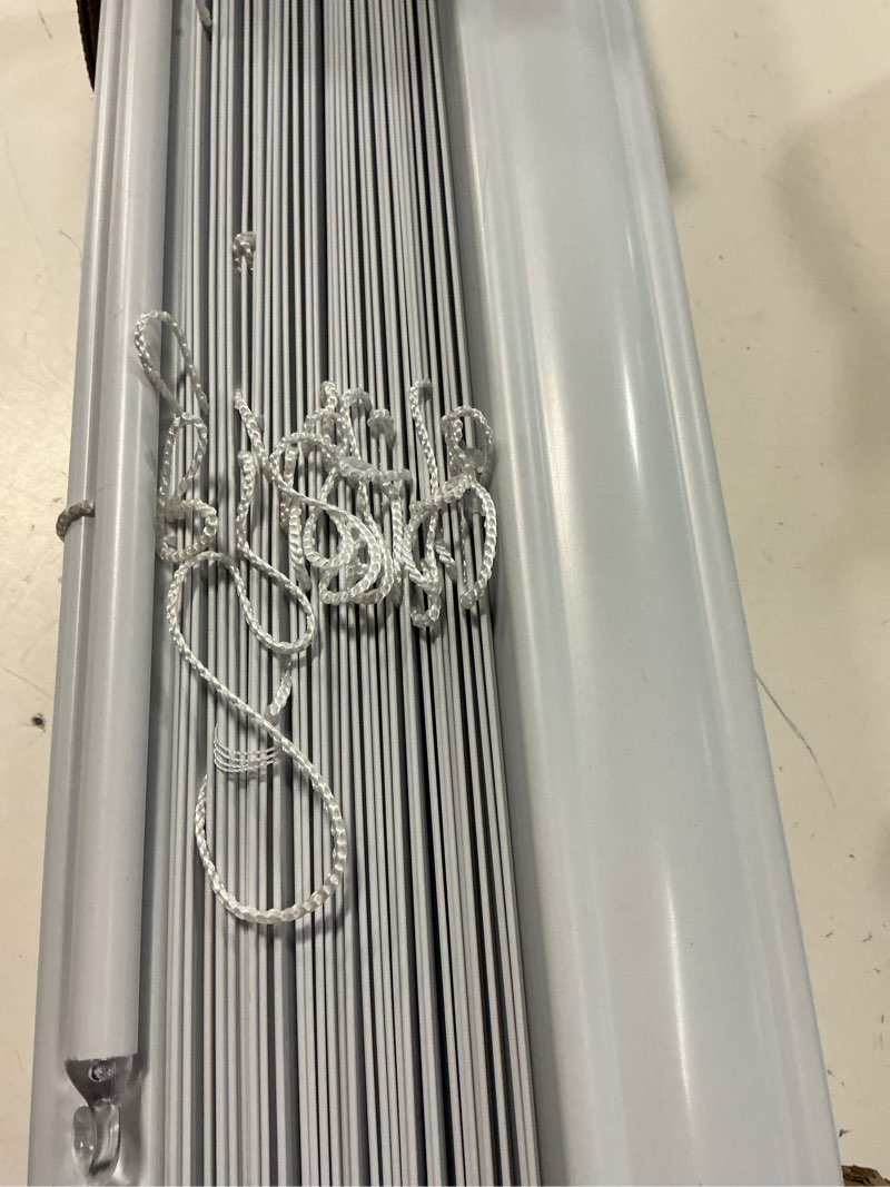 Condition photo showing As Is for project source premium 2-in slat width 34-in x 64-in cordless white vinyl room darkening horizontal blinds