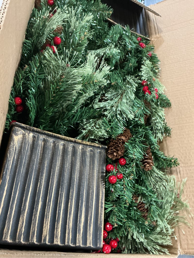 Condition photo showing As Is for 4FT Outdoor Christmas Tree with Lights in Vintage Potted Base, Battery Operated Xmas Tree with Cedar Branches & Pinecones, 100 LED Warm Lights with Timer, Porch Entryway Holiday Decoration Classic Pine Tree 1