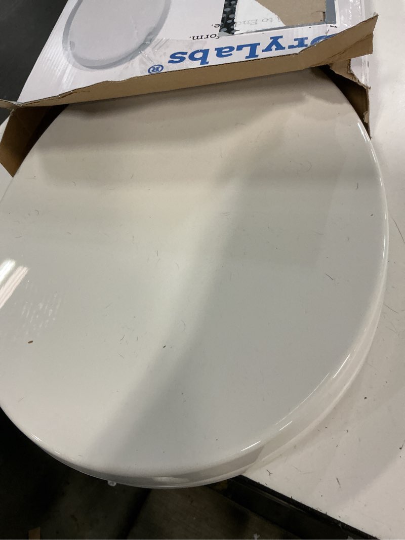 Condition photo showing As Is for round toilet seat, standard 16.5” slow/soft close round toilet seat for round toilets, no-slam quiet-close lid, easy-to-install, white, durable never-loosen design white round(standard)