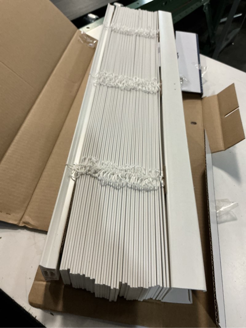 Condition photo showing As Is for levolor trim+go 2-in slat width 31-in x 72-in cordless white faux wood room darkening horizontal blinds