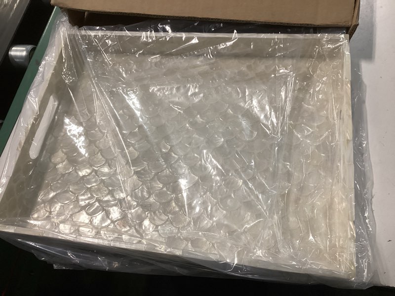 Condition photo showing Good Condition for CHI AN HOME Capiz Decorative Tray 15.8” x 11.8” x 1.8" Rectangular Tray, Natural Handmade Serving Tray with Handles for Coffee Tables, Ottoman, Vanity, Kitchen, Coastal Boho Home Decor, White