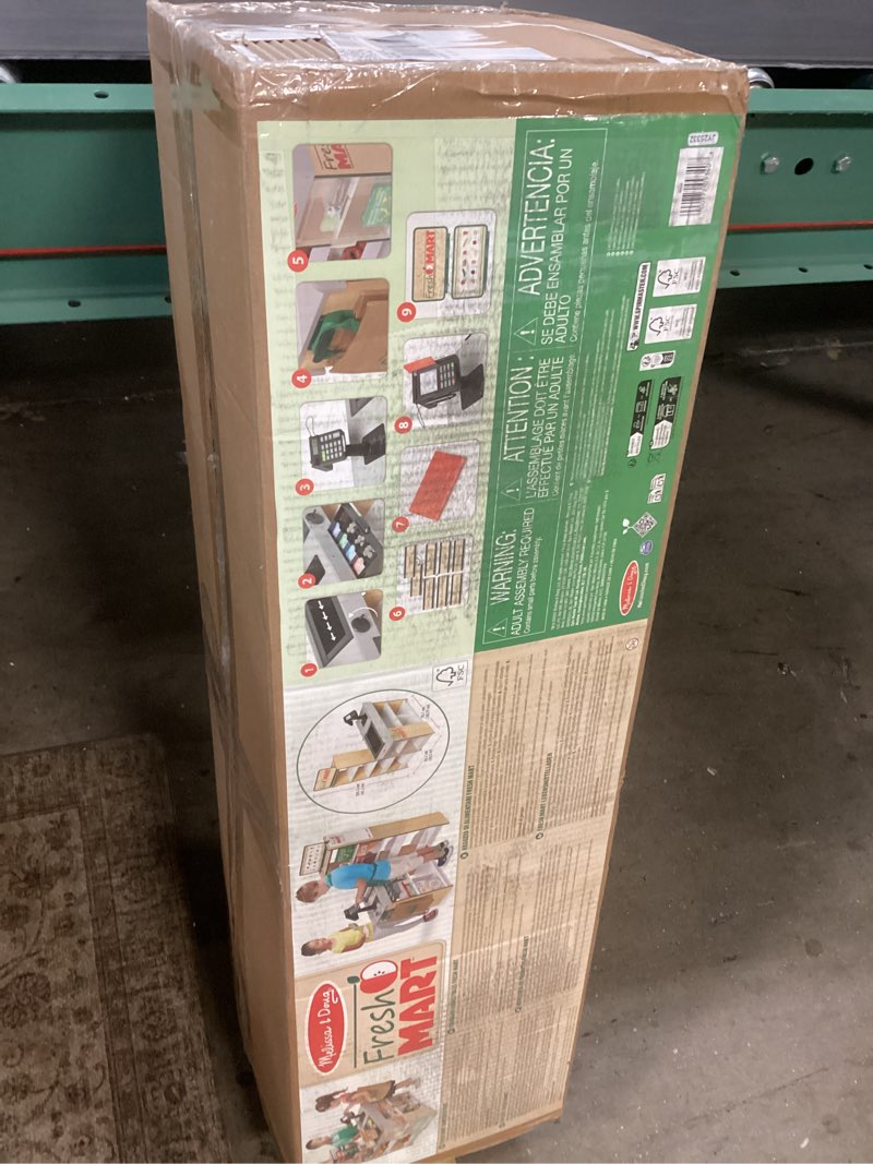 Condition photo showing New/Like New for melissa & doug, fresh mart pretend grocery store, kids cash register with scanner, shelves, & conveyor belt, kids toys for girls & boys main