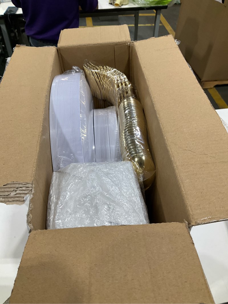 Condition photo showing New/Like New for bucla 150pcs white and gold plastic plates disposable - 25 guests gold dinnerware set - include 25 each (dinner & dessert) plates, 25 knives, 25 forks, 25 spoons & 25 cups for party white gold 25 guests