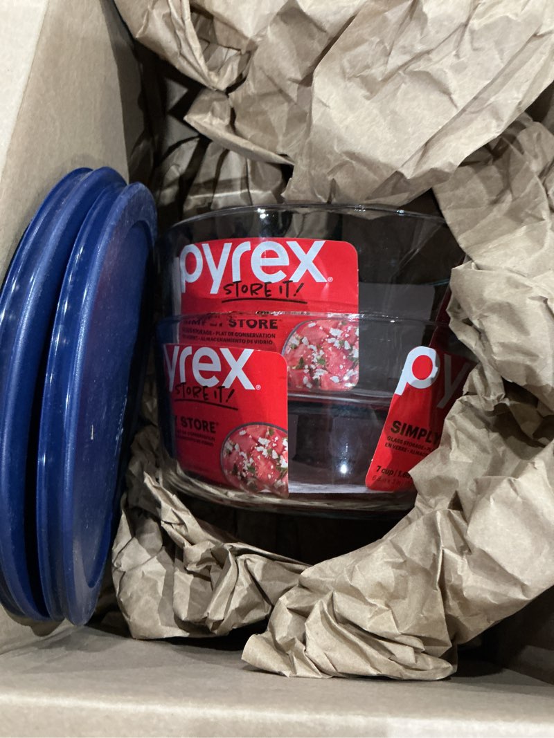 Condition photo showing Good Condition for pyrex 7203 7-cup glass bowls and 7402-pc blue lids (2-pack) - made in usa | bpa-free plastic | secure seal | non-porous material | stackable design | refrigerator safe dark blue