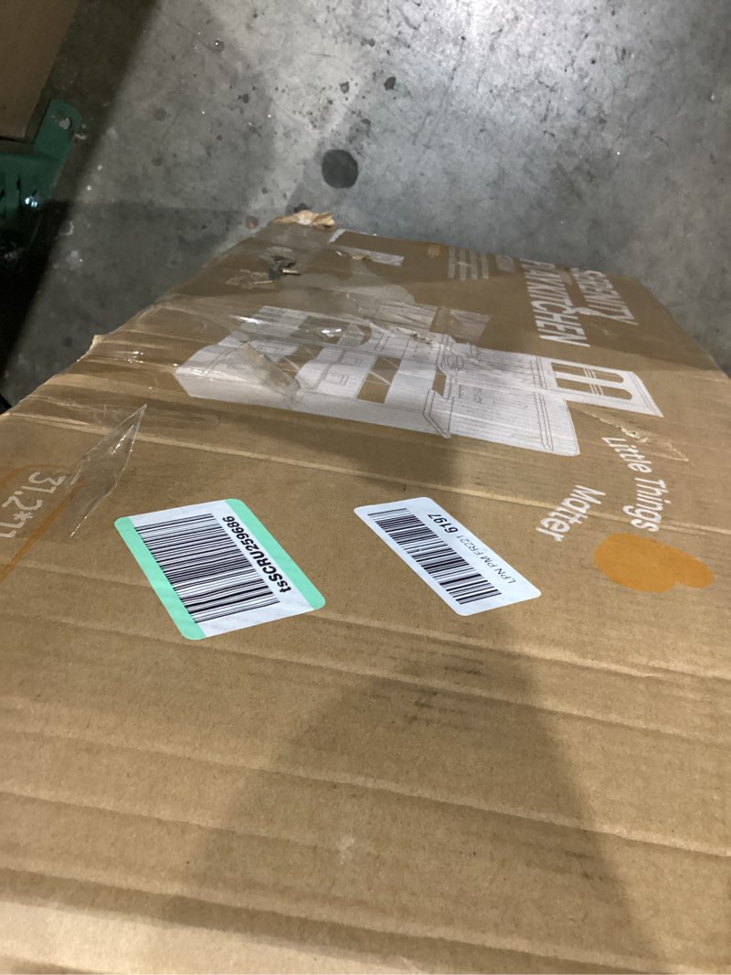 Condition photo showing As Is for Tiny Land Wooden Play Kitchen for Kids – Enhanced Storage with Cabinets & Bins, Modern Toddler Kitchen Playset with Stove, Sink & Accessories Cream