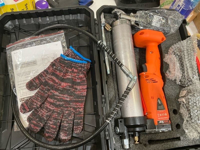 Condition photo showing As Is for 2-in-1 electric grease gun: 10000psi automatic cordless grease gun battery powered tool kit with 2 batteries & charger, 39.4" hose and 3 couplers for farm, workshop & heavy duty maintenance orange