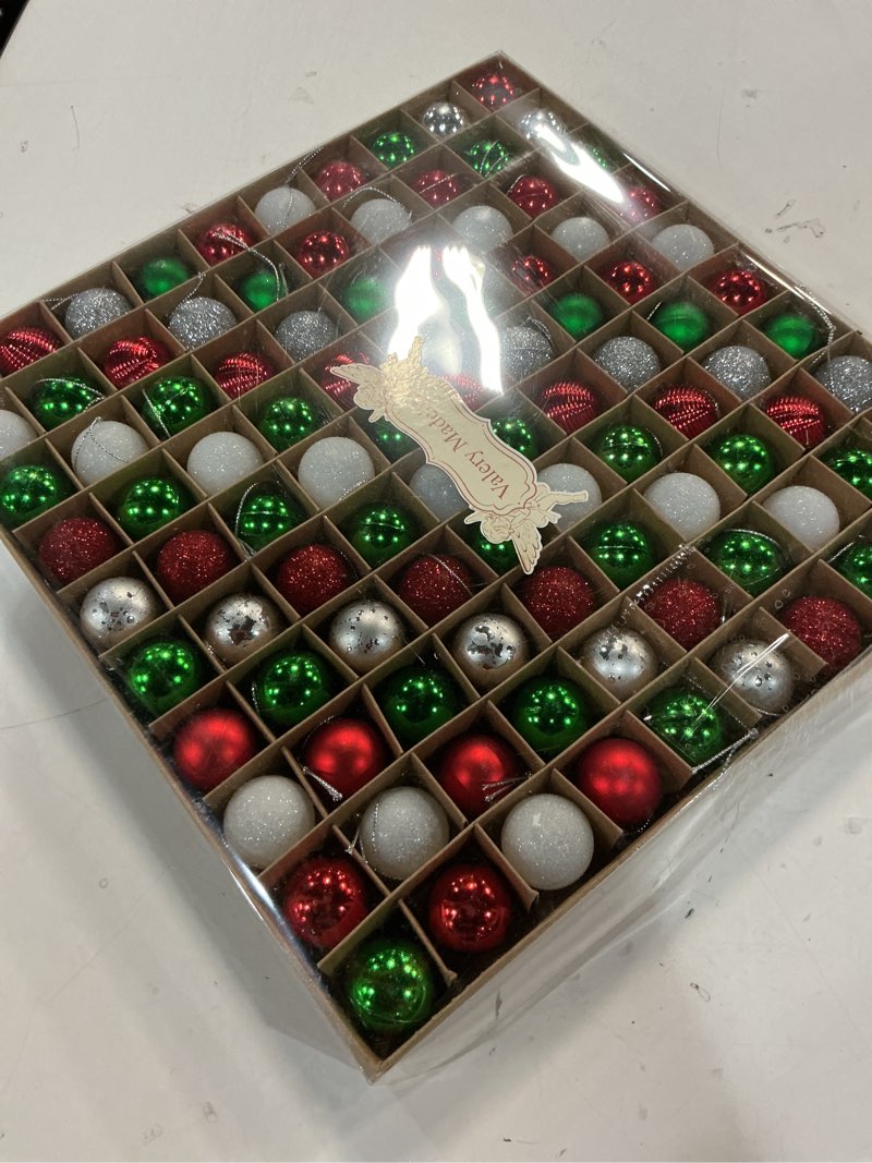Condition photo showing New/Like New for Valery Madelyn 100ct Mini Christmas Ornaments Tree Decorations Set, 1.18 Inches Red Green and White Shatterproof Christmas Ball Ornaments, Hanging Ornament Bulk for Xmas Holiday Party Decor Red Green White