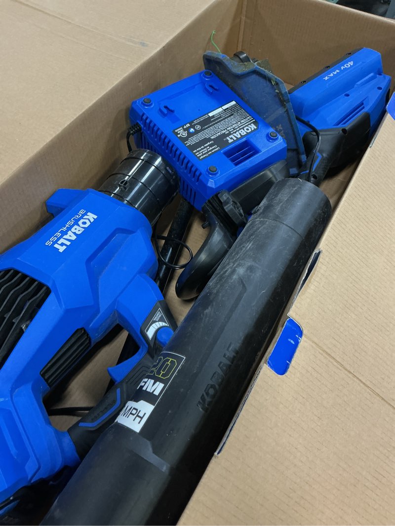 Condition photo showing As Is for kobalt gen4 40-volt cordless battery string trimmer and leaf blower combo kit 4 ah (battery & charger included)