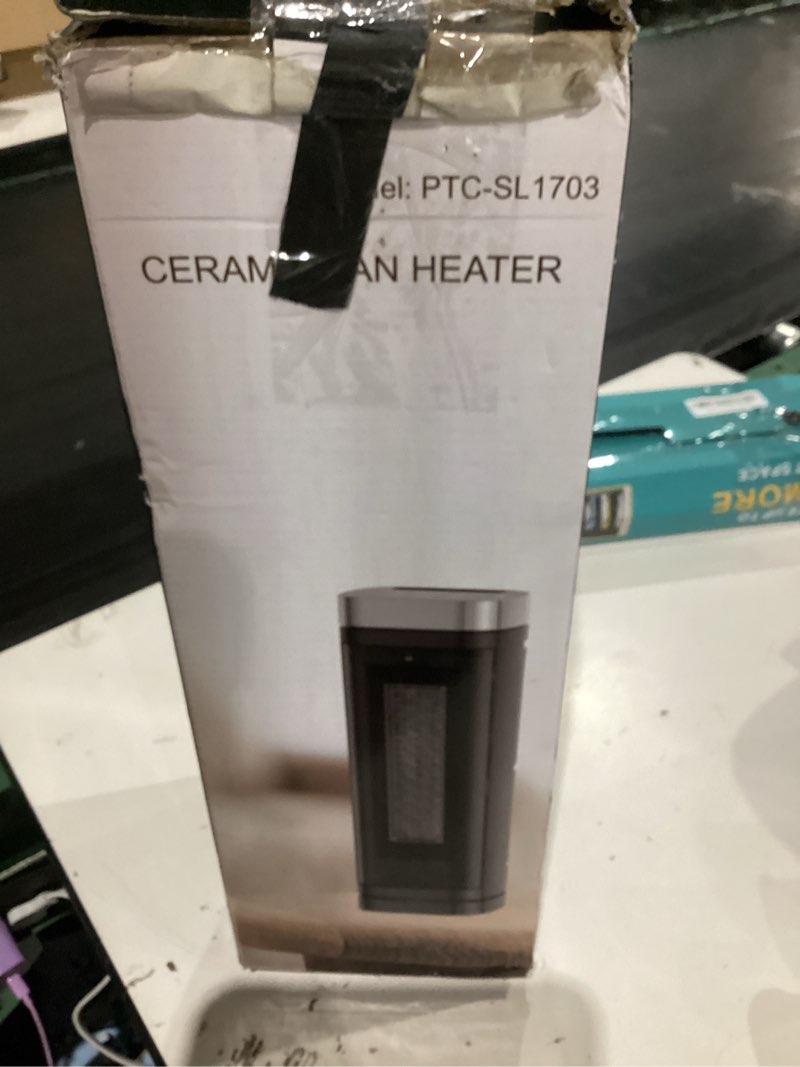 Condition photo showing As Is for portable space heater, 1500w electric heaters with remote control, ptc fast heating ceramic heater with overheat and tip-over protection, ideal for home, bedroom, and office use 16.4''/70°oscillation