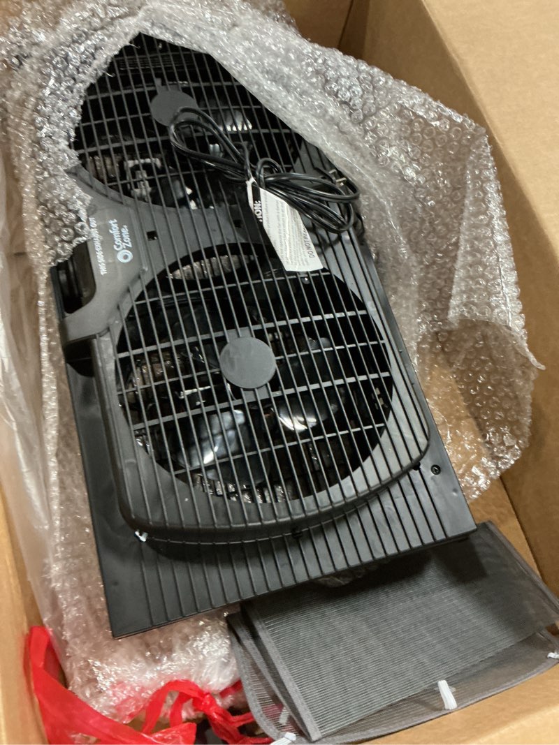 Condition photo showing Good Condition for comfort zone window fan for bedroom, 9 inch 3 speed dual fans with auto-locking expanders, window exhaust fan, removeable bug screen, black
