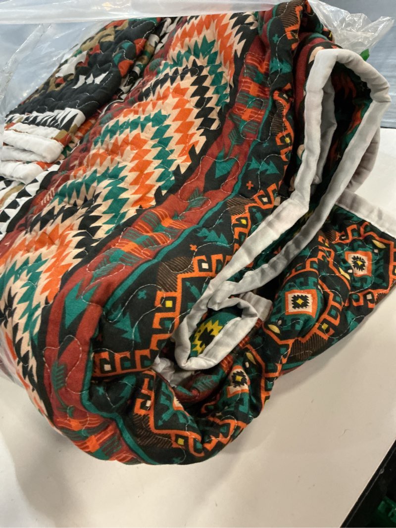 Condition photo showing As Is for flysheep 3 pieces colorful boho quilt set full queen size, brown bohemian striped printed bedding bedspread coverlet set for summer, soft lightweight microfiber quilt with 2 shams (88x88 inces) brown full/queen (88" x 88")