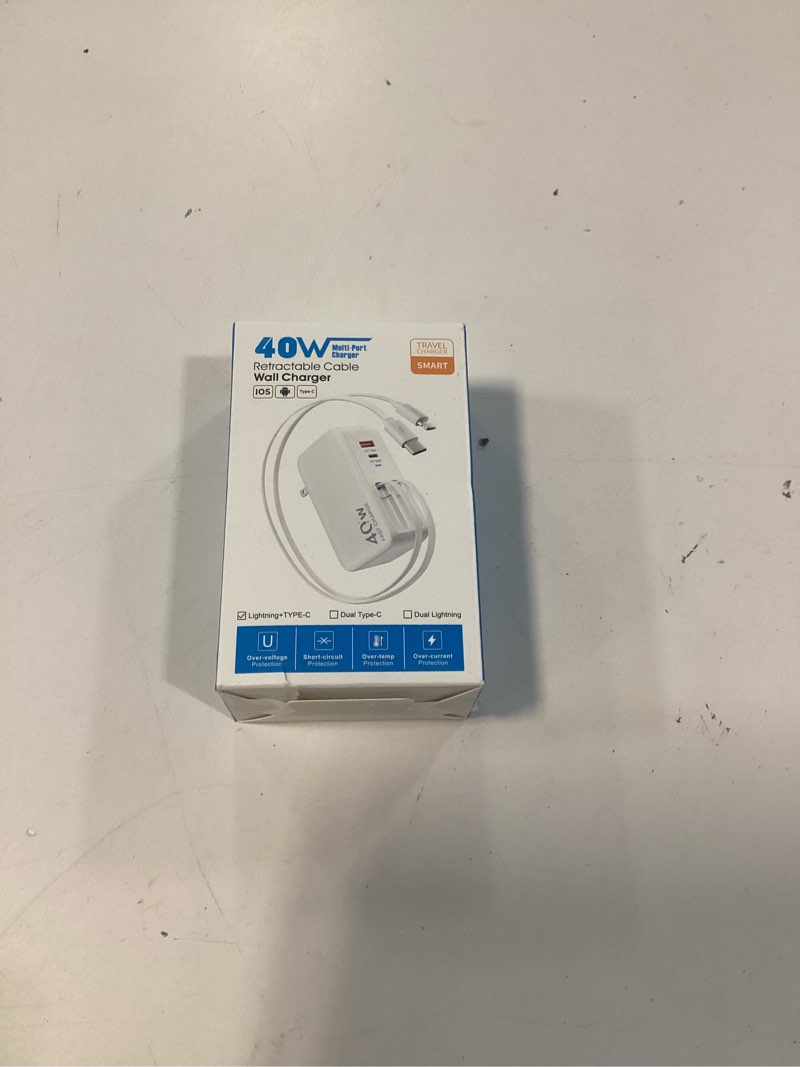 Condition photo showing New/Like New for 4-in-1 retractable gan wall charger plug for iphone 17 usb c,travel essentials brick multiport,3ft lightening+ type c cables,40w fast charging foldable block for iphone 17 pro/16/15/14/13,ipad,galaxy white-c/lightening cables
