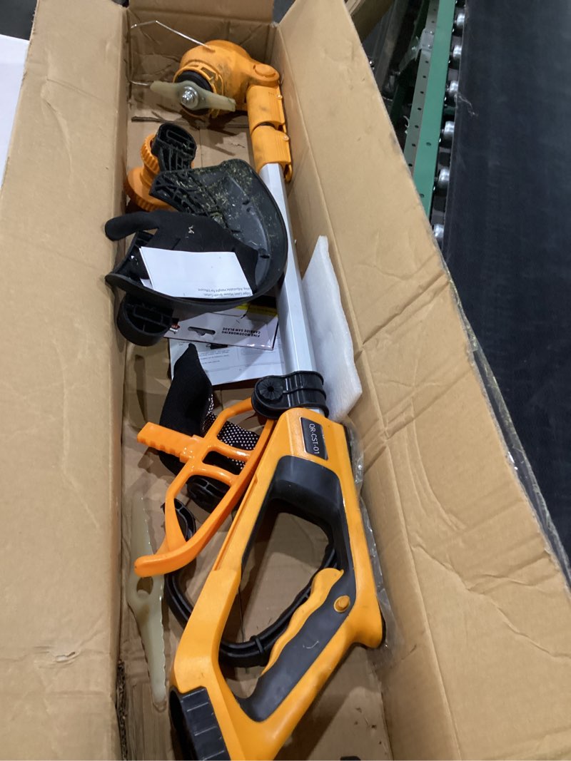 Condition photo showing As Is for cordless 4-in-1 weed wacker with wheels, string trimmer edger lawn mower brush cutter, telescopic foldable design, 2x4000mah battery power display, adjustable height for efficient lawn care
