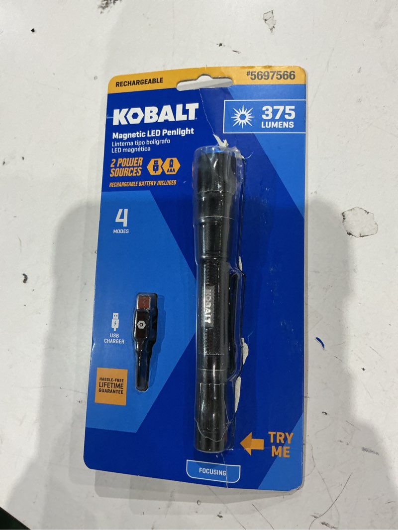 Condition photo showing As Is for kobalt 375-lumen 3 modes led flashlight with rechargeable with batteries included