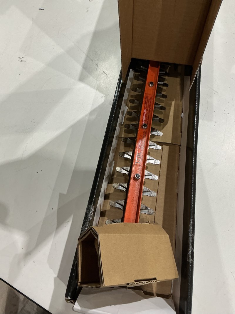 Condition photo showing As Is for black+decker electric hedge trimmer, 17-inch corded 3.2 amp, dual action, reduced vibration, cleaner cut, lightweight, 3800 cuts per min (beht150)