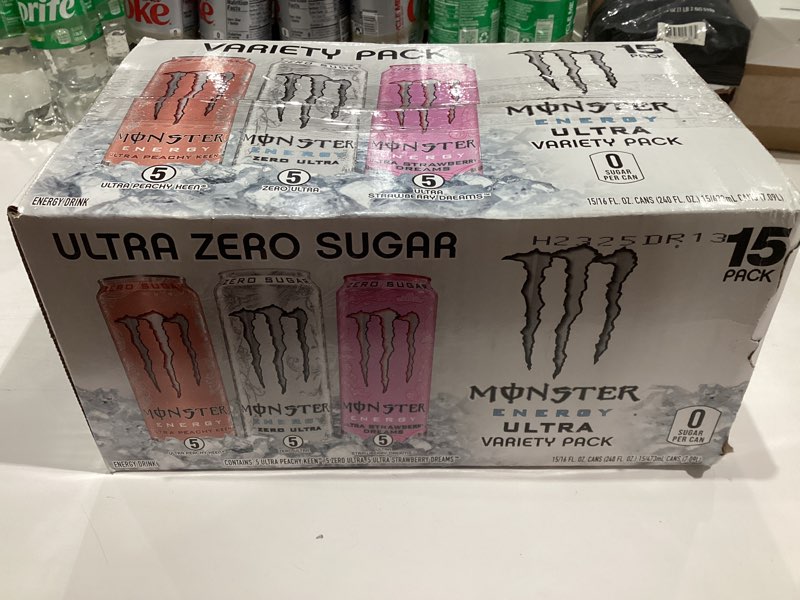 Condition photo showing New/Like New for Monster Energy Ultra Variety Pack, Zero Ultra, Ultra Peachy Keen, Ultra Strawberry Dreams, Sugar Free Energy Drink, 16 Ounce (Pack of 15) Zero Ultra, Strawberry Dreams, Peachy Keen 15 Pack