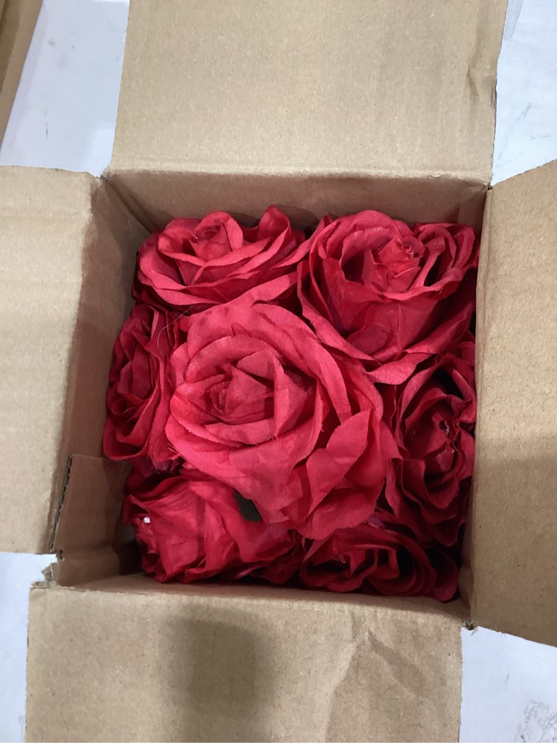 Condition photo showing Good Condition for 7 large stem rose red artificial flowers in vase, silk flowers arrangement in round glass vase without water for home decor, wedding table (red) red w/o water