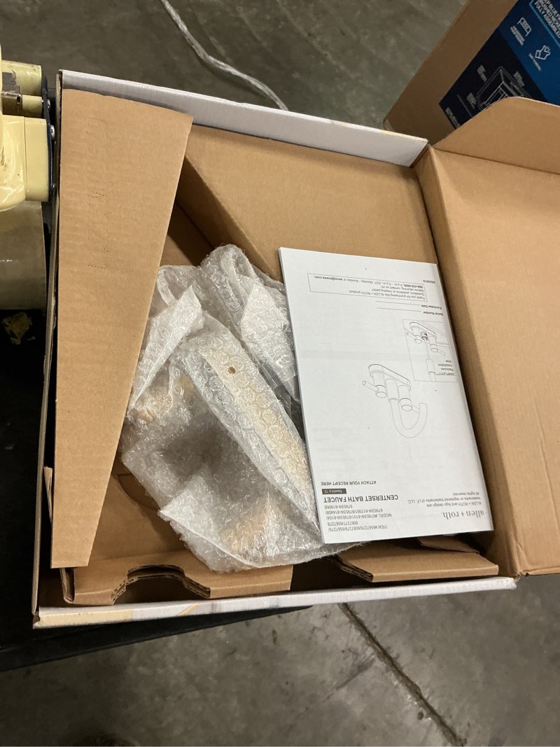 Condition photo showing As Is for allen + roth harlow simplefit brushed gold 4-in centerset 2-handle watersense mid-arc residential handle bathroom sink faucet with drain with deck plate