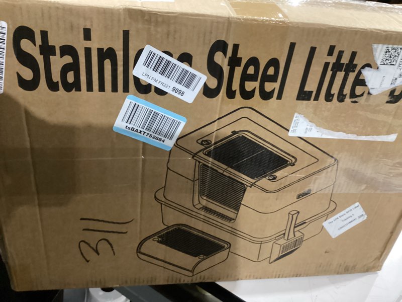 Condition photo showing New/Like New for Vivifying Stainless Steel Litter Box with Lid, XL Side Entry Extra Large Litter Box for Big Cats & Kitty, Removable Enclosed Metal Cat Pan with High Sided Enclosure, Scoop, Mat, Footboard (Beige)