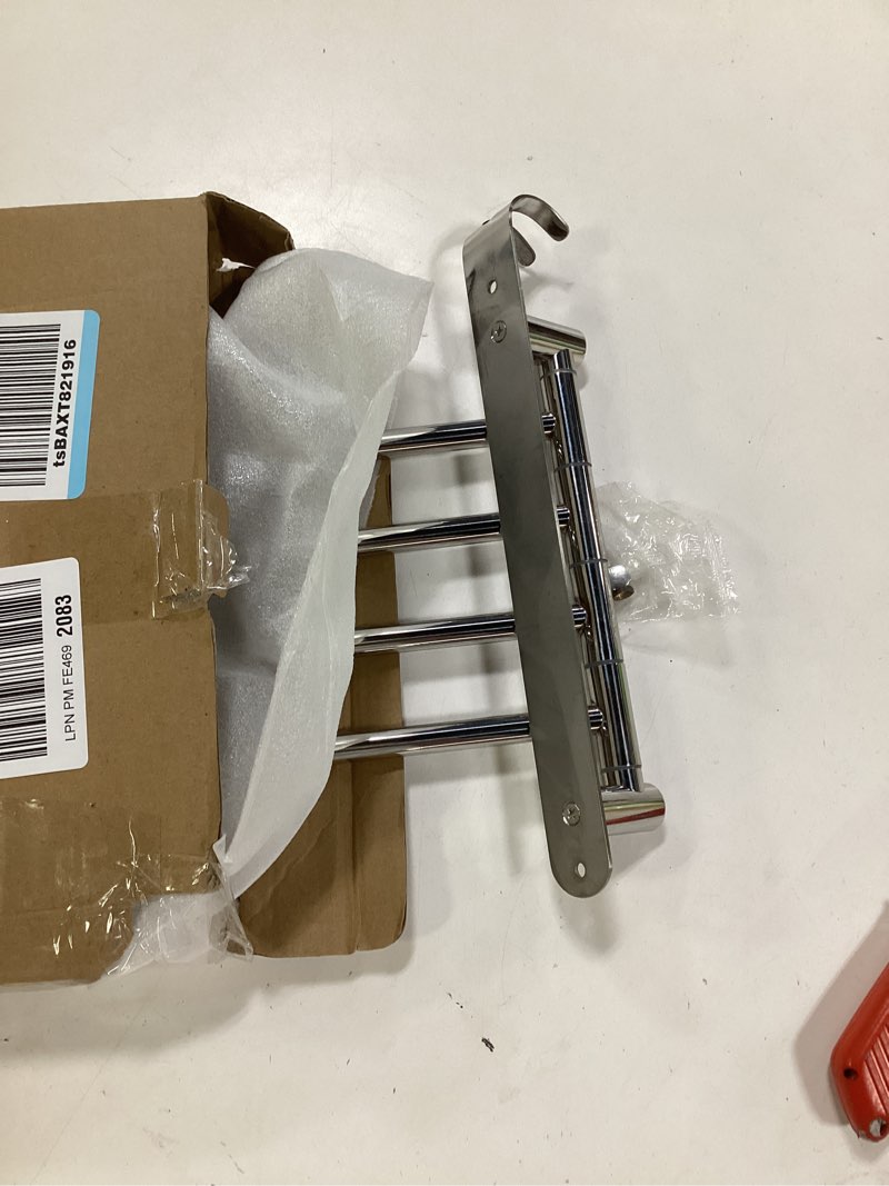 Condition photo showing As Is for NearMoon Swivel Towel Rack, 19.5" Thicken 304 Stainless Steel 4-Arm Towel Bar, Space Saving Wall Mounted Towel Holder with Hook, Rustproof Swing Out Towel Hanger for Bathroom, Kitchen (Chrome Finish) Chrome Finish 19.5 Inch