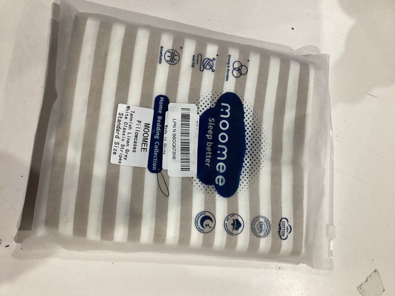 Condition photo showing Good Condition for MooMee Bedding Pillowcases Striped Pack of 2 100% Washed Cotton Linen Like Textured Breathable Durable Soft Comfy (Tannish Linen Grey White Classic Stripes, Standard) Classic Stripes - Tannish Linen Grey/ White Standard (20×26)-Pack of 2