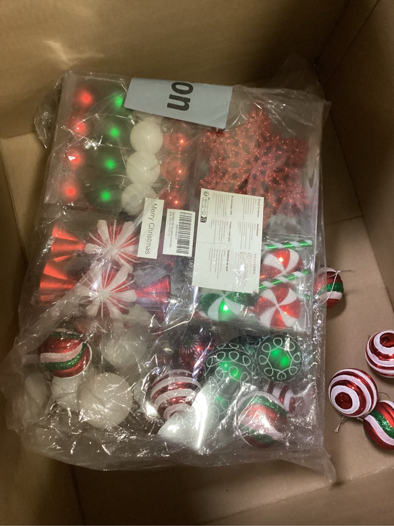 Condition photo showing As Is for 108ct shatterproof candy cane christmas ball ornaments, decorations for trees & holiday party - by valery madelyn