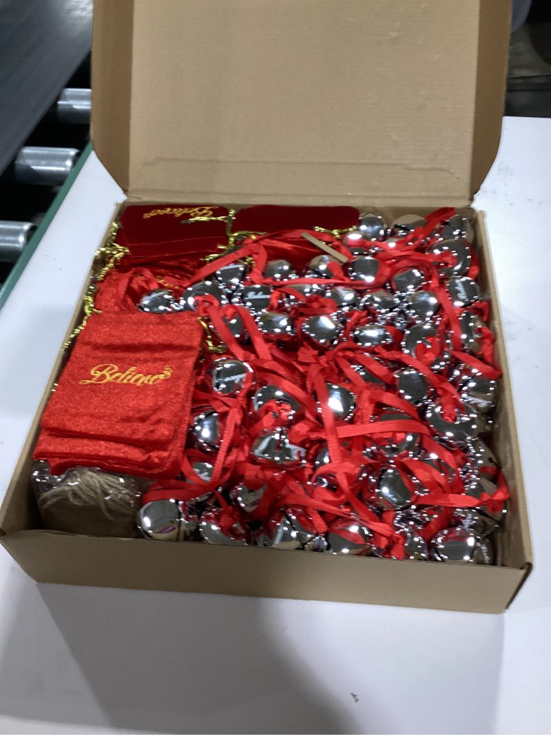 Condition photo showing Good Condition for Duraaamo 100 Sets Christmas Polar Themed Party Gifts Bulk Believe Bell Ornaments Santa Sleigh Bells Christmas Train Party Gifts Stocking Stuffers Holiday Decoration for Xmas Tree Home (Silver) Silver 100