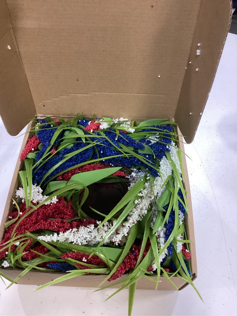 Condition photo showing Good Condition for 6 pcs mini 4th of july candle ring wreaths patriotic red white and blue ear of wheat small pillar candle holder wreath independence day memorial day decor for porch door cabinets table centerpiece 6 patriotic-3