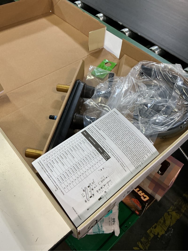 Condition photo showing As Is for allen + roth townley oil rubbed bronze double handle kitchen faucet with sprayer (deck plate and side spray included)