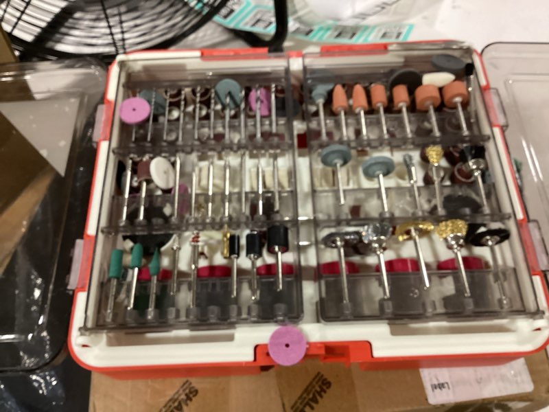 Condition photo showing As Is for shall 508-piece rotary tool accessories kit, universal rotary tool bits for sanding, cutting, grinding, drilling, carving, engraving, polishing, cleaning, rotary tool attachments with carrying case