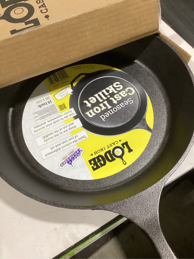 Condition photo showing Good Condition for Lodge 15 Inch Cast Iron Pre-Seasoned Skillet – Signature Teardrop Handle - Use in the Oven, on the Stove, on the Grill, or Over a Campfire, Black