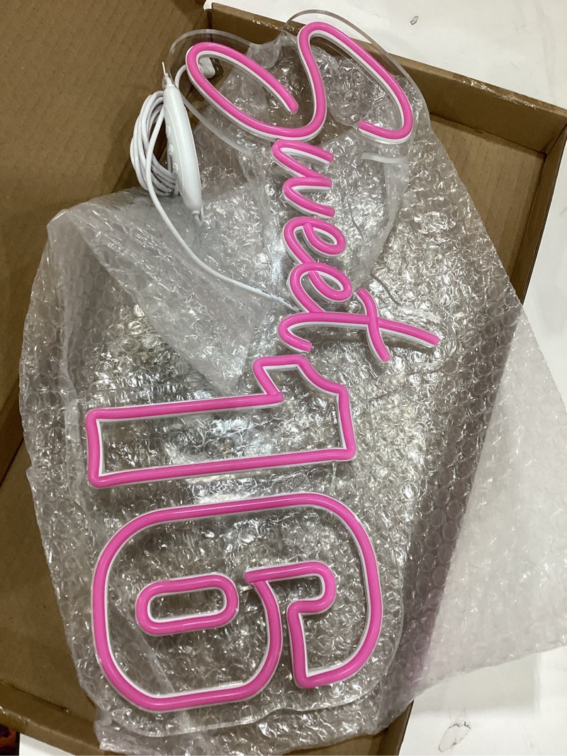 Condition photo showing Good Condition for Sweet 16 Party Decorations Neon Sign, Sixteen 16th Birthday Decorations Gift for Girls, Light Up Numbers Sweet 16 Sign for Party Backdrop Wall Decor, Pink,16.5x9.4 inch