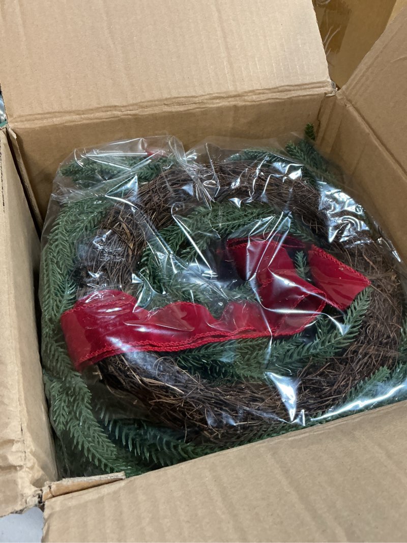 Condition photo showing As Is for Janinka 6 Pcs Christmas Wreath for Windows 11.8 Inch Christmas Window Decorations Cabinet Wreaths with Red Bow Greenery Artificial Hanging Garlands for Fireplaces Window Home (Norfolk) Norfolk 6