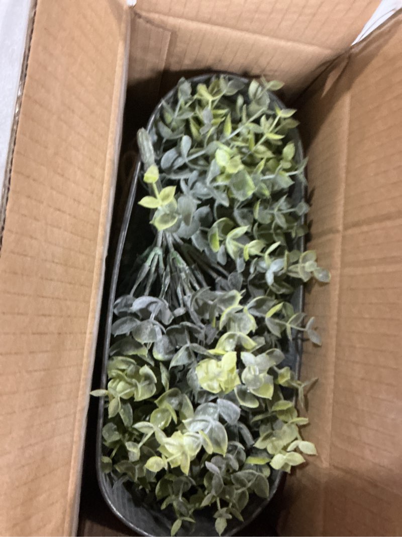 Condition photo showing As Is for winlyn artificial eucalyptus arrangement in rustic oval galvanized metal planter box faux eucalyptus bush greenery potted plants for farmhouse indoor home office table centerpiece kitchen décor