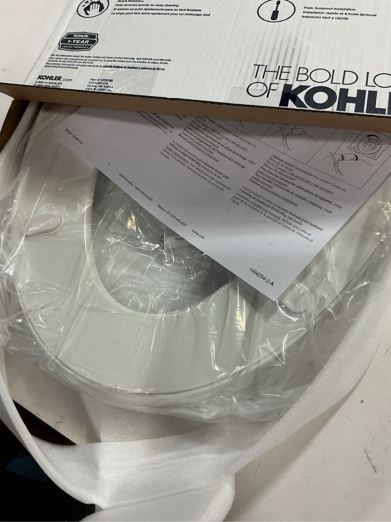 Condition photo showing Good Condition for kohler k-27331-0 glissade readylatch quiet close elongated toilet seat, white, grip-tight hardware, quiet close lid prevents slamming white elongated