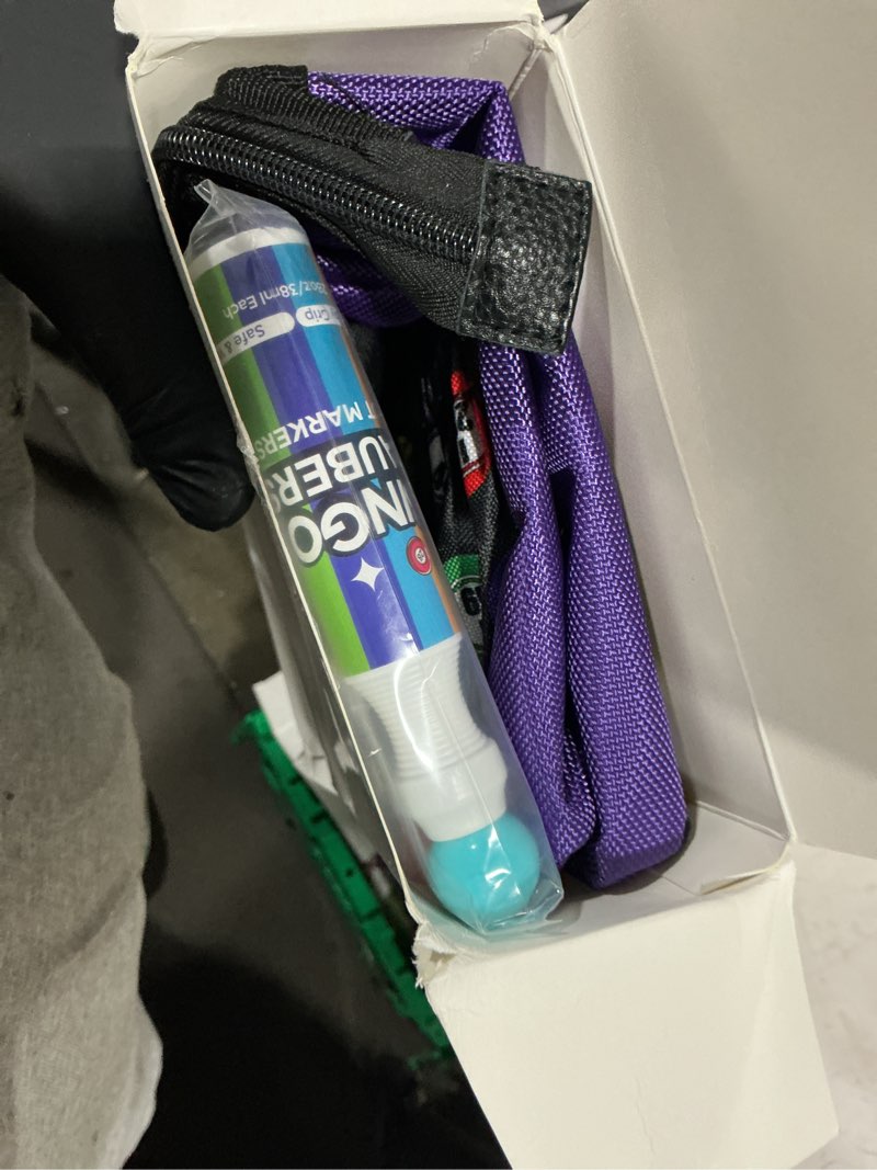 Condition photo showing Good Condition for crtiin 1 set bingo dauber bag with 6 pcs daubers mixed colors set of dot markers in 6 colors handle and zipper tote bag with 6 external pockets suitable for bingo night (1.28 oz daubers,purple) purple 1.28 oz daubers 1