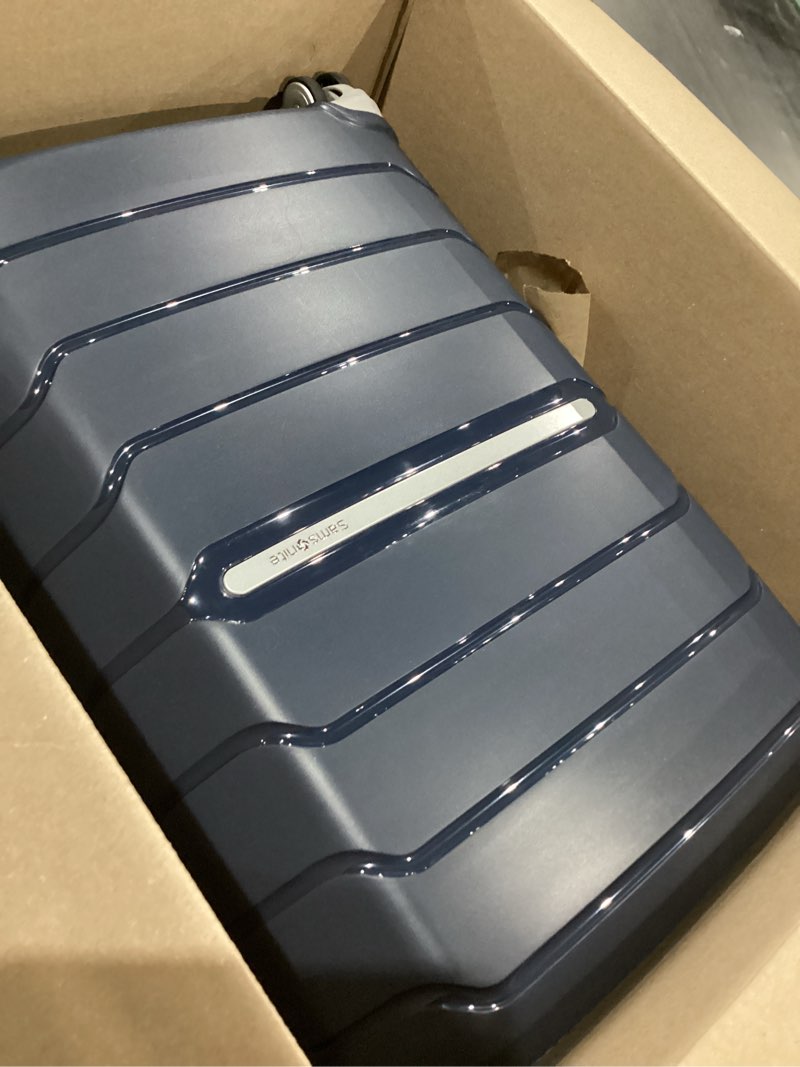 Condition photo showing As Is for samsonite freeform 24-inch medium luggage with dual 360° spinner wheels - checked suitcase - tsa lock, airline-approved - lightweight durable polypropylene expandable hardshell - navy checked-medium spinner navy