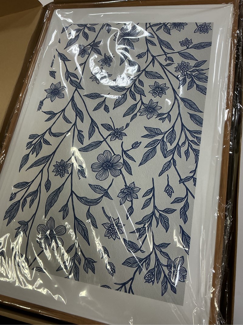 Condition photo showing New/Like New for Large Classic Chinoiserie Flower Framed Canvas Wall Art Set,Minimalist Blue and White Floral Wall Decor,Navy Watercolor Botanical Blossom Artwork for Living Room,Bedroom-16 x24 x3 Classic Chinoiserie Flower Wall Art 16"L x 24"W