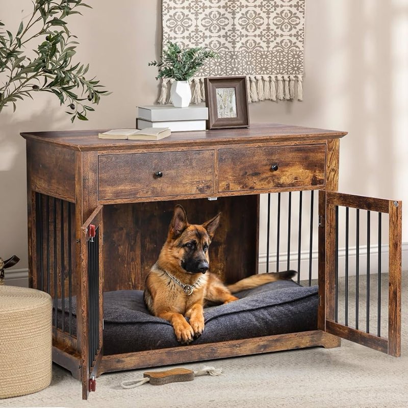 lemberi 44 inch large dog crate furniture, wooden dog kennel end table with storage
