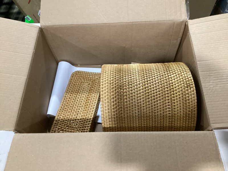 Condition photo showing Good Condition for 3 Pcs Rattan Bathroom Accessories Set Wicker Handwoven Trash Can Basket Waste Paper Basket Square Tissue Box Holder Toilet Vanity Tray for Kitchen Office Organizer Decorative(Natural)