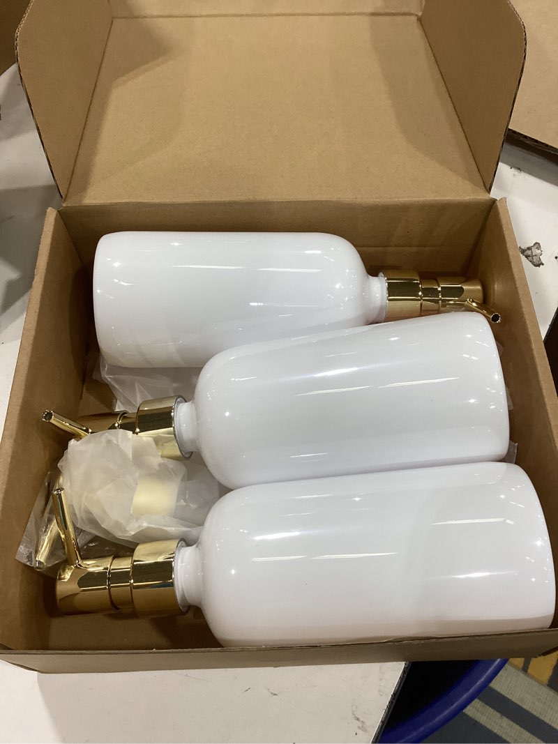 Condition photo showing Good Condition for homcdaly shampoo and conditioner dispenser, 21oz 3-pack refillable pump bottles, shampoo container, empty pump bottle, bathroom shower dispenser?21oz-white&gold? white&gold-21oz