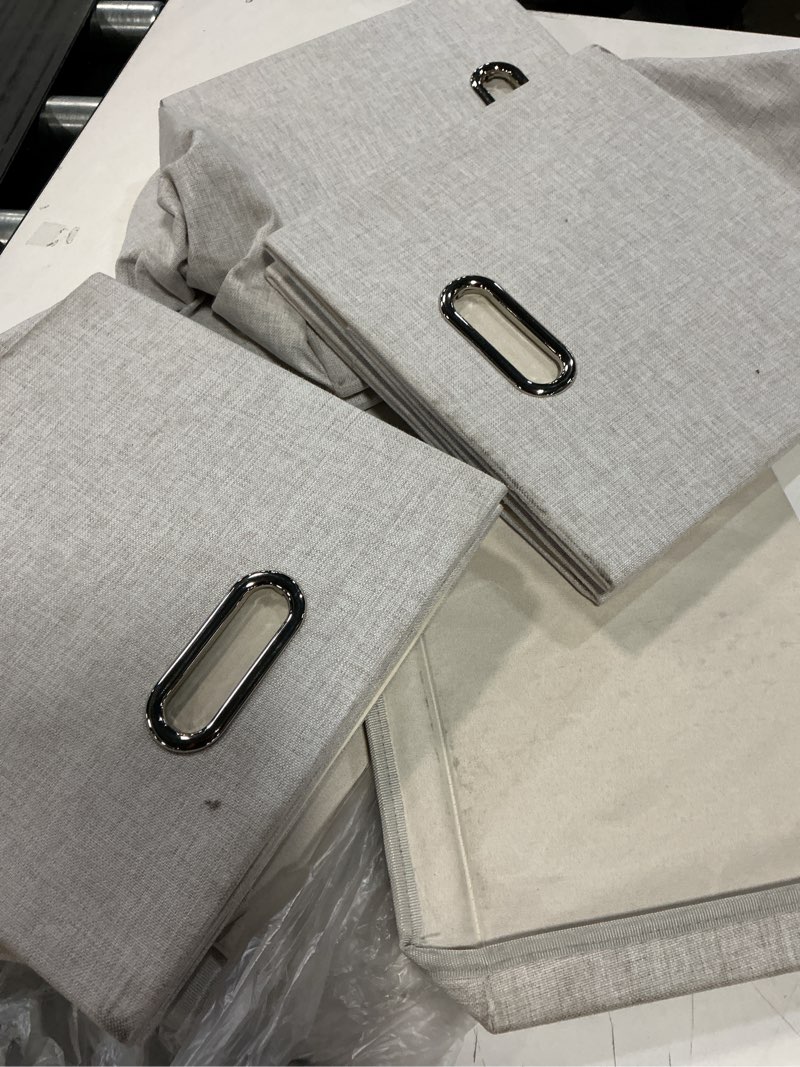 Condition photo showing Good Condition for large 17" 36 quart collapsible stackable storage bins with lids, 3 packs beige linen fabric closet boxes with lids, storage cube baskets container organizers for bedroom office(17 x12 x11)