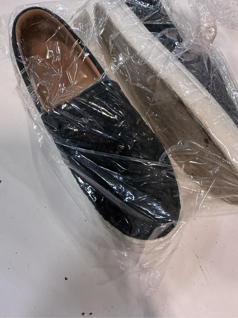 Condition photo showing As Is for 100% handwoven leather slip on sneaker, 8, black