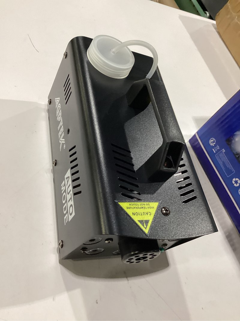 Condition photo showing Good Condition for agptek fog machine, smoke machine with 12 colorful led lights effect, upgraded auto mode 600w 4000cfm fog & 1 wireless remote,low fluid auto shut-off,good for wedding halloween party and stage effect